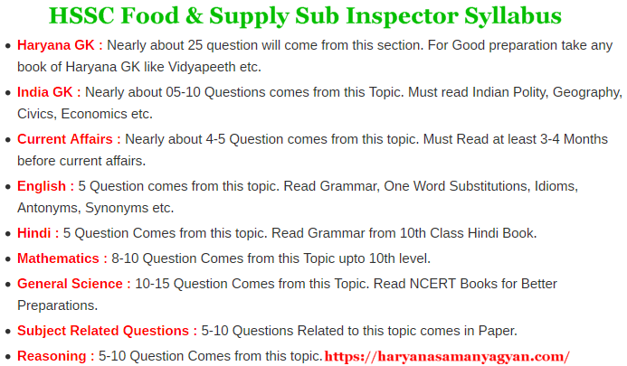HSSC Food Supply Sub Inspector Exam Notes pdf, Admit Card, Syllabus & Exam Pattern 