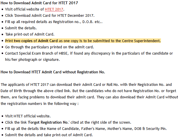 HTET Admit Card 2017 Download starts from 15 December 2017 - Download @htetonline.com